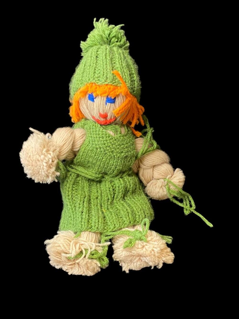 Vintage Handmade Yarn Kitsch Doll Green Dress Orange 13"